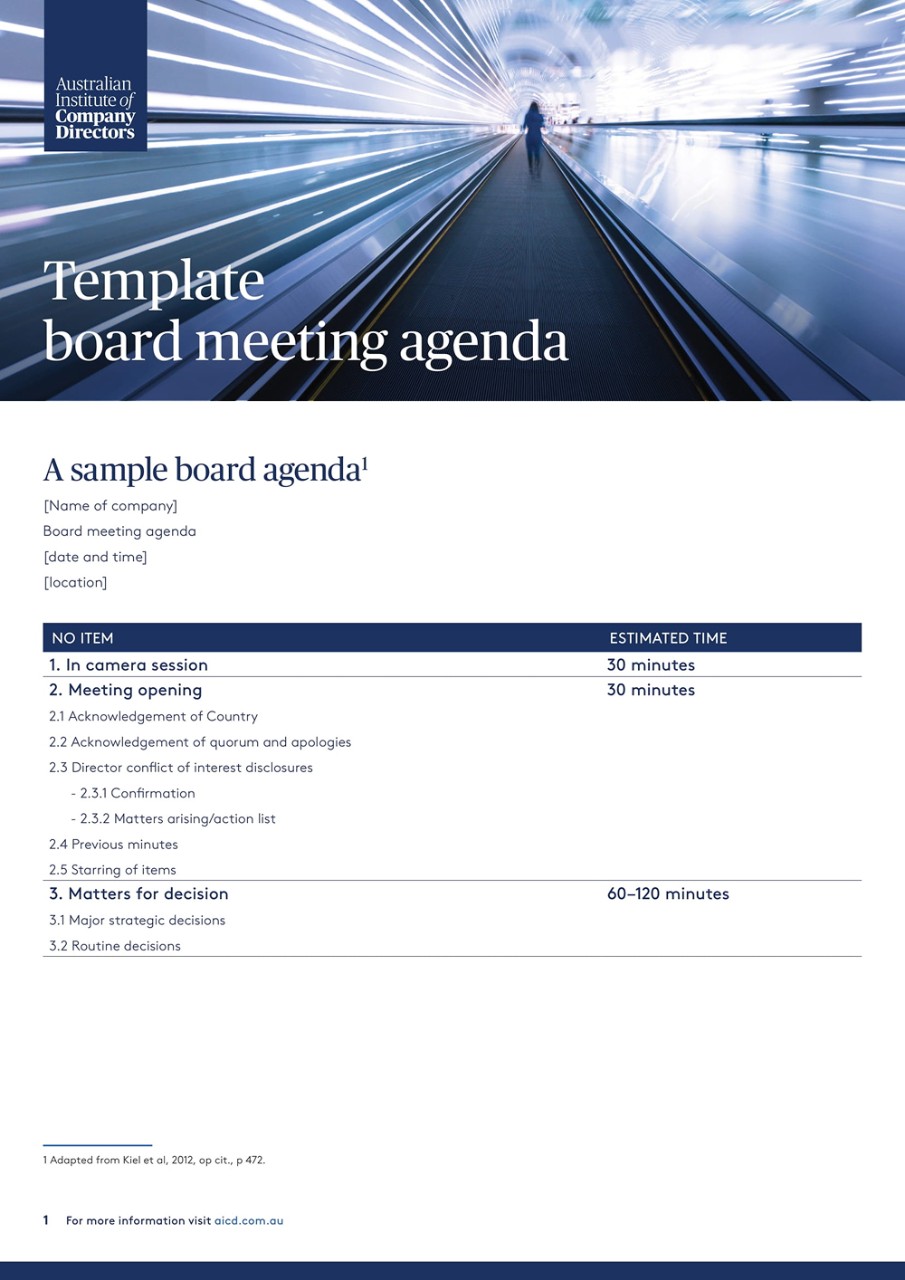 The cover of the Template board meeting agenda document