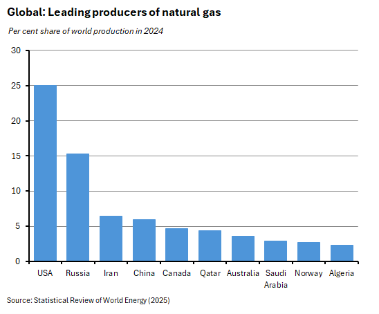 Column chart showing the percentage of natural gas production, with distinct bars representing different production sources.