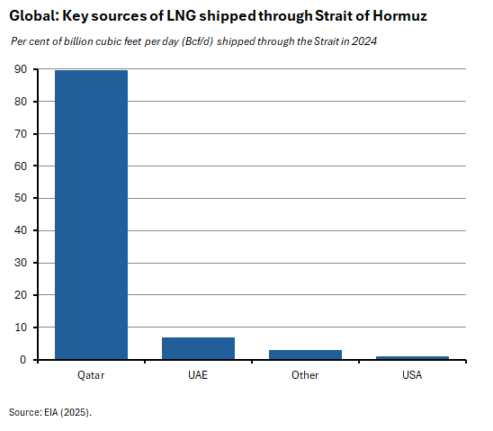  Bar chart depicting LNG shipments through the Strait of Hormuz in 2024, showing global sources in billion cubic feet per day.