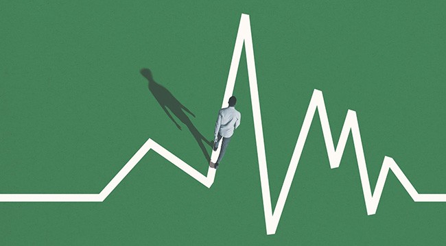 Man walking along graph line illustration Man walking along graph line illustration