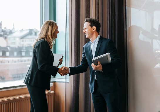 A handshake between two business individuals in front of a window, illustrating a professional agreement or partnership.
