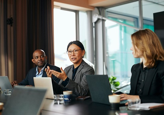A diverse group of professionals seated at a conference table, each using laptops for a collaborative meeting.
