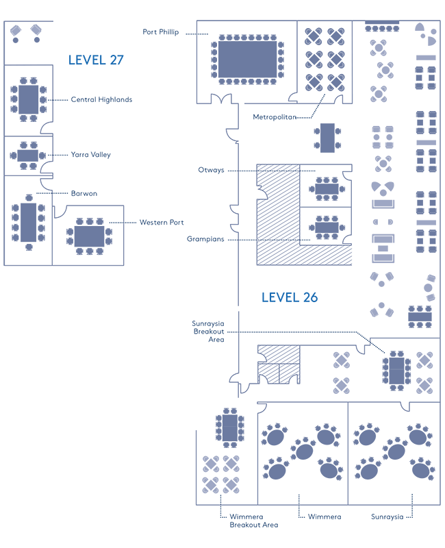 Floor plan of the AICD Melbourne Member Lounge, showcasing various rooms and their layout within the office space.