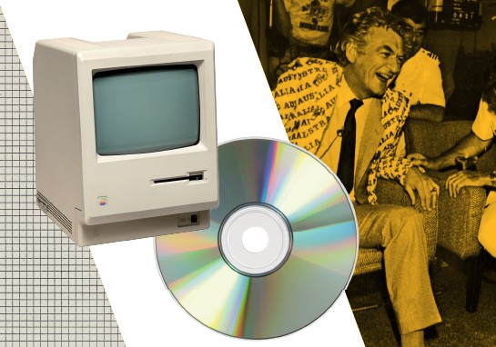 An old computer sits next to a CD, with image of Bob Hawke in background.