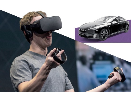 Mark Zuckerberg using a virtual reality device and image of a car.