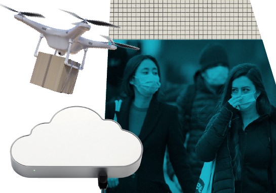 Two women wearing masks and image of drone and cloud.