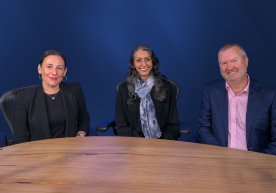 Three panel members seated at a table.