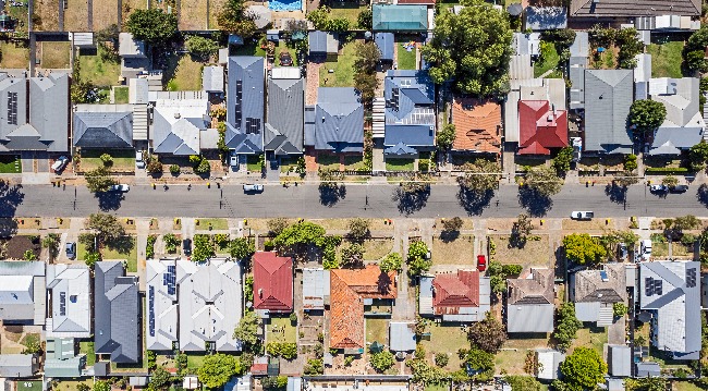 Houses on street from aerial view