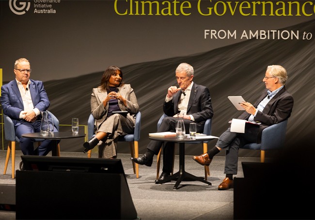 Speakers sit on stage at the AICD CGF2025 as part of the productivity panel discussion