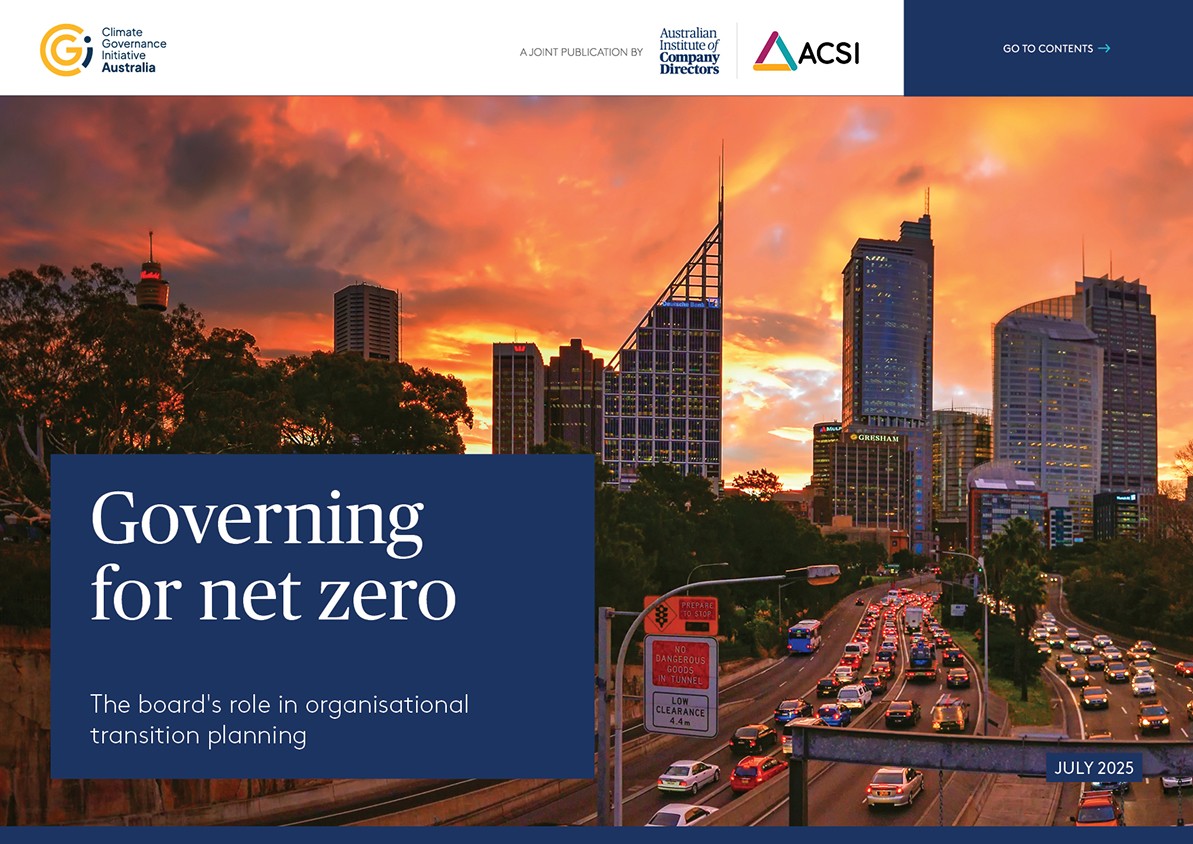 Report cover titled "Governing for net zero: the board’s role in organisational transition planning" by AICD and ACSI, featuring a sunset view of the Sydney skyline with a highway and moving cars in the foreground.