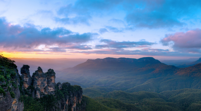 Blue Mountains in Australia at sunset.